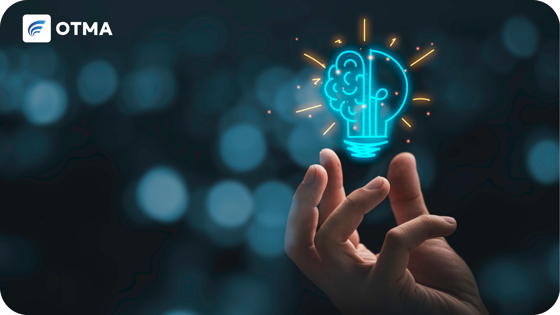 a brain and a lightbulb holographically floating above a hand just in reach